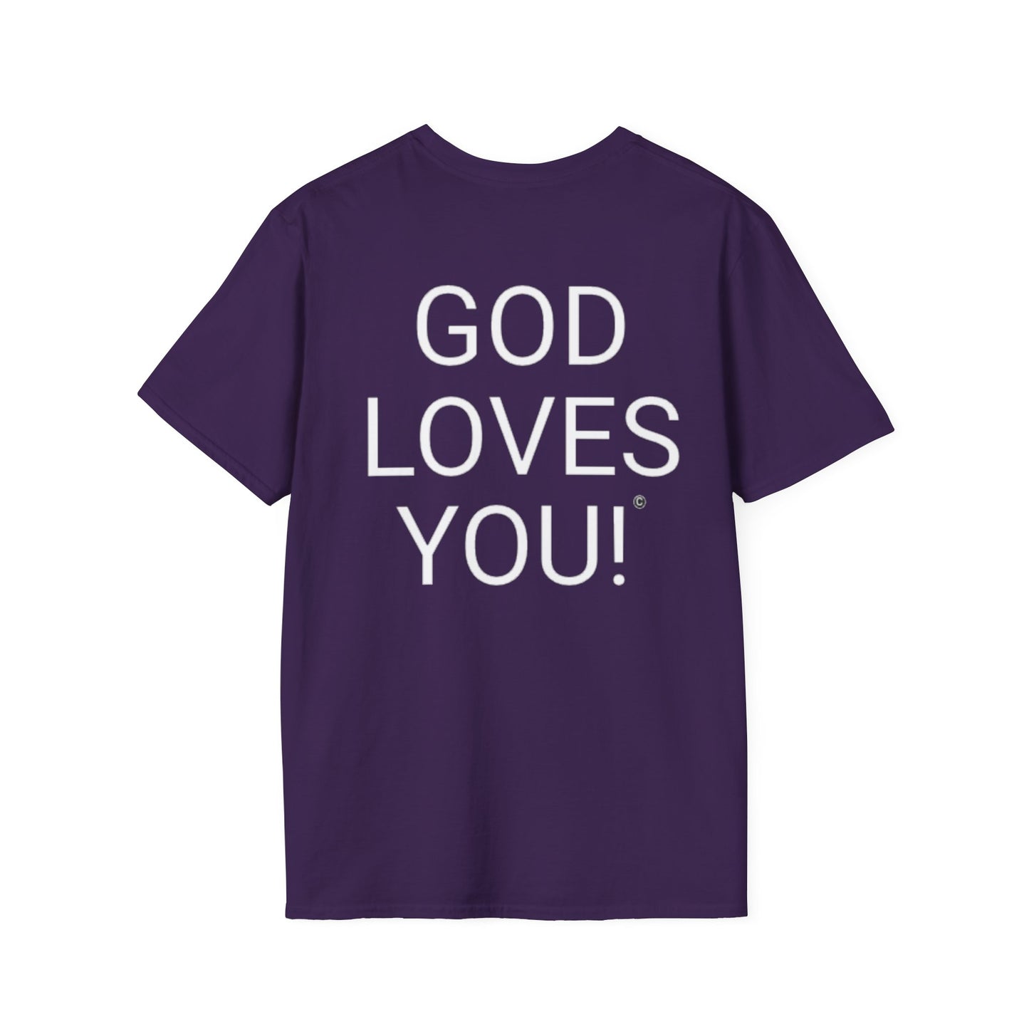 Look at the Back of My Shirt! T-Shirt — "God Loves You!" Inspirational Purple Tee