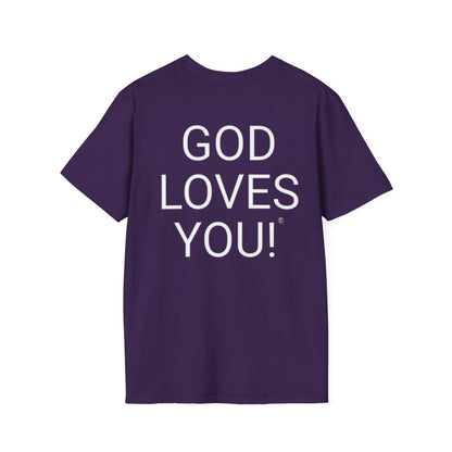 Look at the Back of My Shirt! T-Shirt — "God Loves You!" Inspirational  Purple Tee