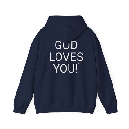 Look at the Back of My Hoodie — "God Loves You!" Inspirational Navy Hoodie